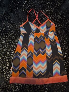 Y2K Guess Chevron black satin lining Mini Dress with orange trim Black Stones